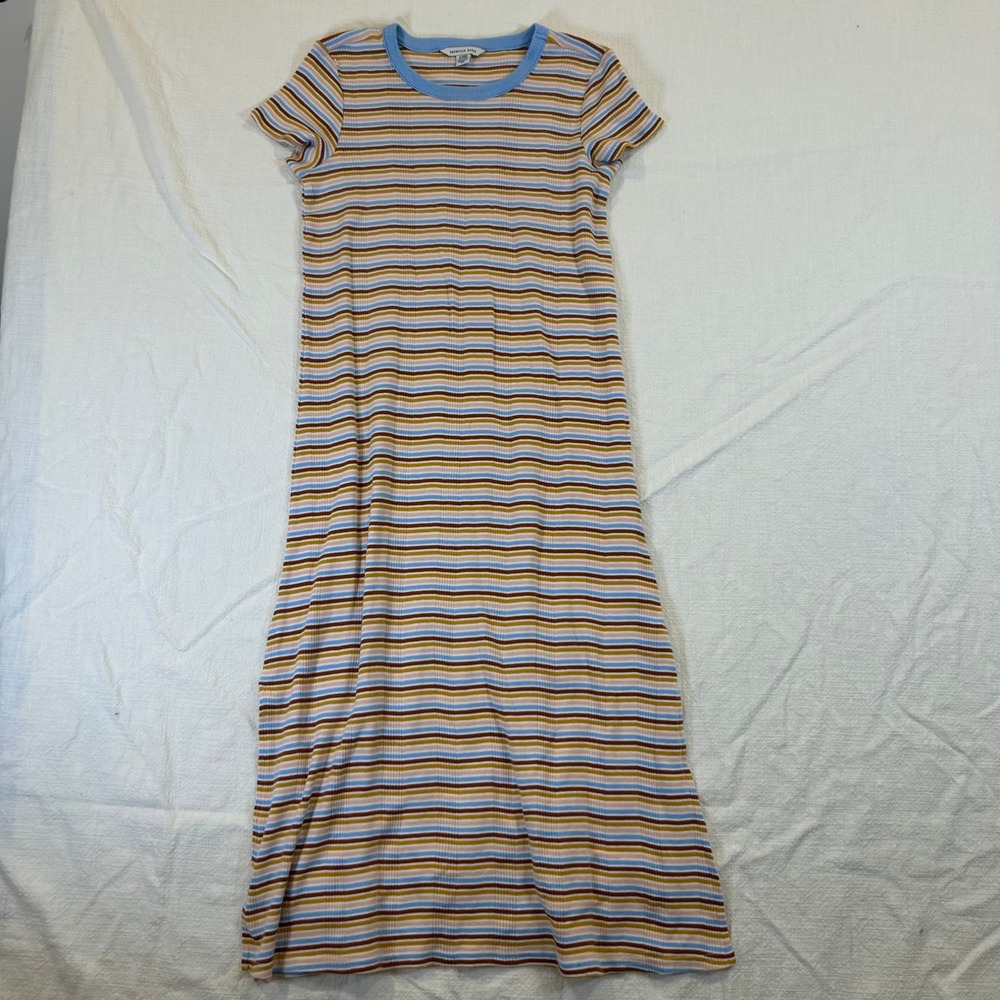 American Eagle Striped Ribbed Maxi Dress Blue Brown Pink XS Short